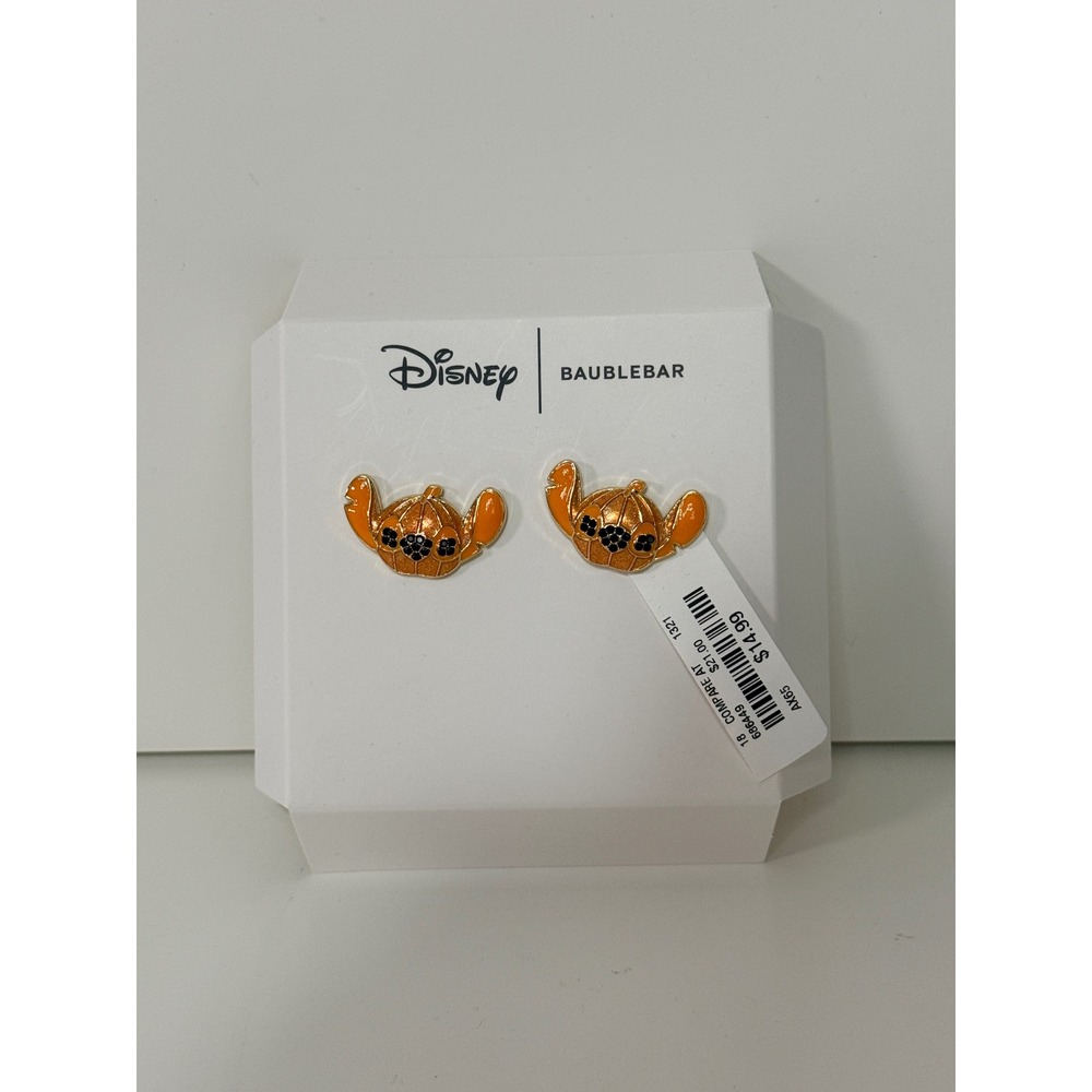 Disney BaubleBar Stitch Pumpkin Stud Earrings Halloween Orange Enamel Gold Tone